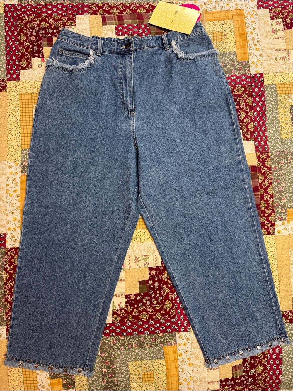 Women's High-Rise Cropped Wide Leg Embellished Raw Hem Jeans